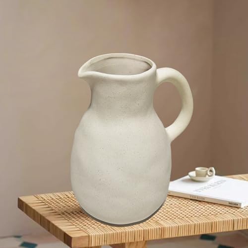 Rustic White Ceramic Vase for Home Decor, Antique Farmhouse Clay Jug Pitcher Vases for Aesthetic Textured Large Vintage Pottery with Handle for Centerpiece… - size: 8''A