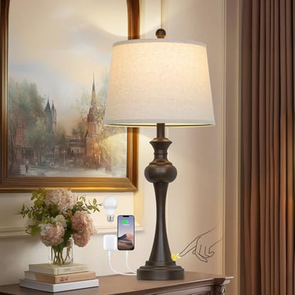 Cinyirong Brown Touch Table Lamps,28.75" Tall Bedside Lamps with USB C+A Ports, 3-Way Dimmable Table Lamp, Nightstand Lamps for Bedroom, Living Room，Brown Lamps with Beige Lampshade, Bulb Included - color: Brown-1pack