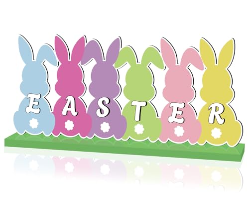 Easter Table Decorations Wooden Centerpiece 11.8 x 4.9 Inches Easter Bunny Decorations for Home Rustic Farmhouse Tabletop Tiered Tray Decor for Spring Easter Party Supplies, Multicolor