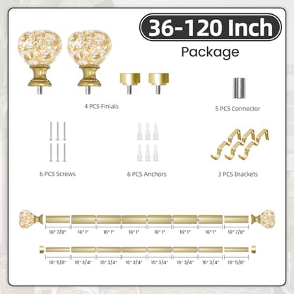 Gold Double Curtain Rod 66-120 Inch Heavy Duty Foil Resin Finial - color: gold, size: 66-120"