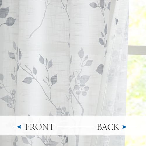 Beauoop Floral Linen Semi Sheer Curtains Living Room Grey 50x108 2 Panels - color: Grommet | Grey, size: 50"W x 108"L (Pack of 2)