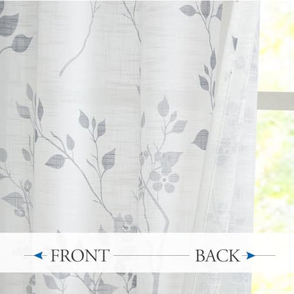 Beauoop Floral Linen Semi Sheer Curtains Living Room Grey 50x108 2 Panels - color: Grommet | Grey, size: 50"W x 108"L (Pack of 2)