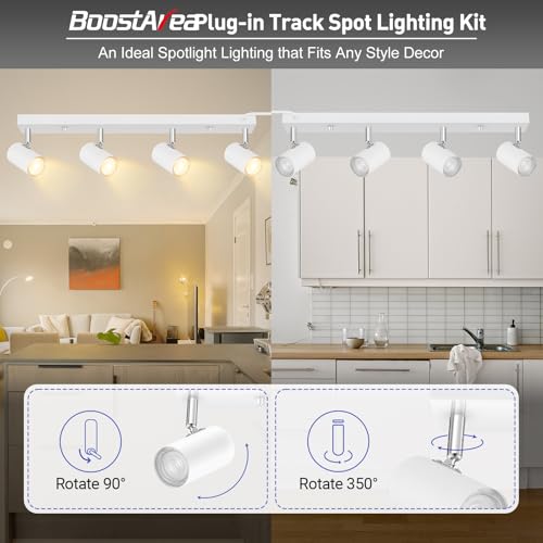 BoostArea LED Track Lighting Ceiling Fixtures, White 4-Light Plug in Track Lights for Kitchen, 23" Ceiling Spotlight, 15 FT Cord,Flexibly Rotatable Wall Mount Light Head for Bedroom Hallway - color: 4 Light-White