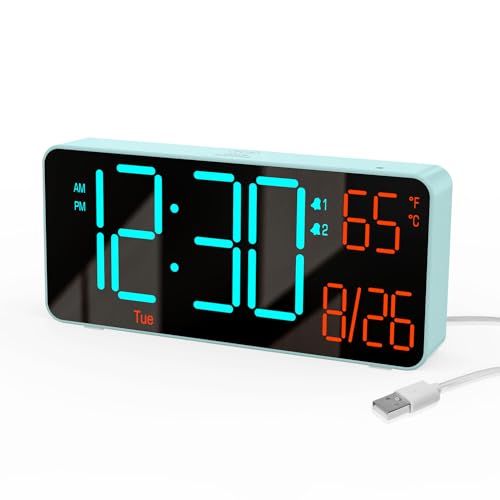 KOSUMOSU Alarm Clock for Bedroom, 6.7in Small Digital Clock, Auto Dimming, Room Temperature, Day of The Week, Date, Alarm Clocks for Living Room, Desk Clocks - color: Blue (Blue + Orange Digits)