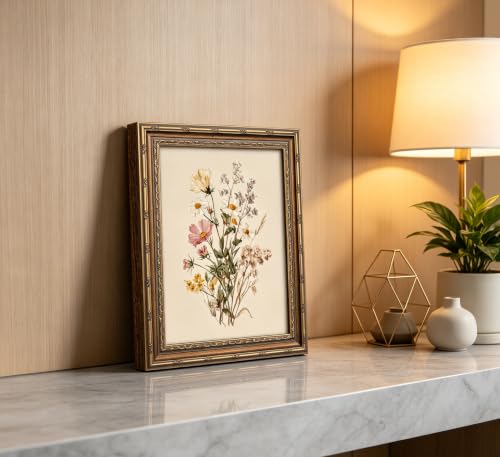 Vintage Gold Framed Floral Wall Art, Retro Wildflower Botanical Canvas - color: Dried flower, size: 11"LX9"W