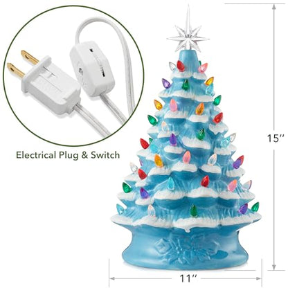 Casafield Hand Painted Ceramic Christmas Tree, Blue Snow Flocked 15-Inch Pre-Lit Tree with 128 Multi Color Lights and 2 Star Toppers - color: Blue Snow Flocked