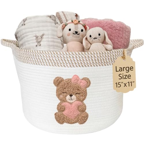 Pink Teddy Bear Baby Storage Basket, Cotton Rope Nursery Bin, 15x11 in - color: Girl Teddy