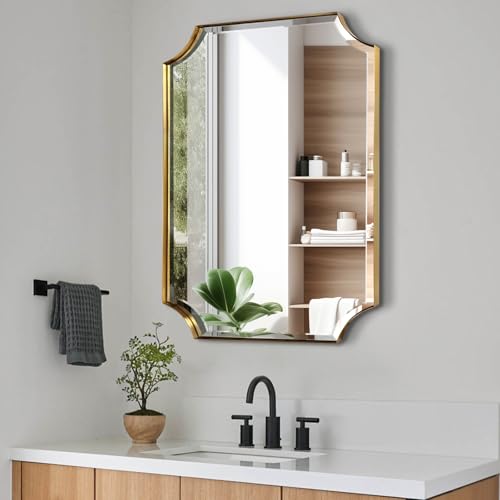 POZINO 36"x24" Premium Brushed Gold Rectangle Beveled Mirror for Bathroom - color: Brushed Gold Scalloped, size: 36"L x 24"W