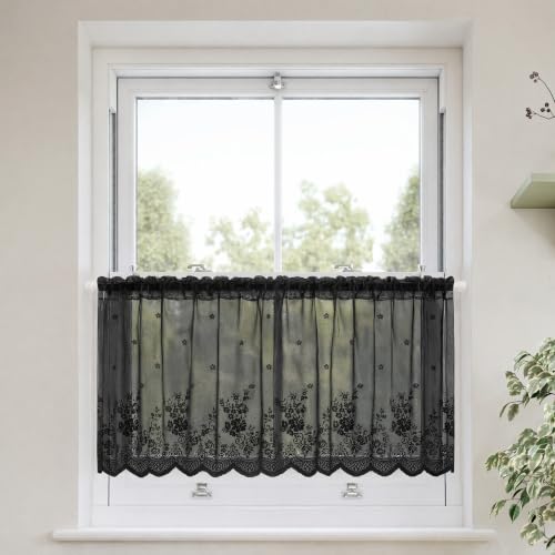 Molaxhome Kitchen Curtains Valance Black Lace Floral Semi Sheer Curtain - color: Black, size: 54"W x 24"L (Pack of 1)