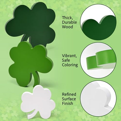 St Patricks Day Decorations Wooden Shamrock Tabletop Set – 3 Piece Green Clover Freestanding Tiered Tray Decor for Home Office Mantel Shelf Display