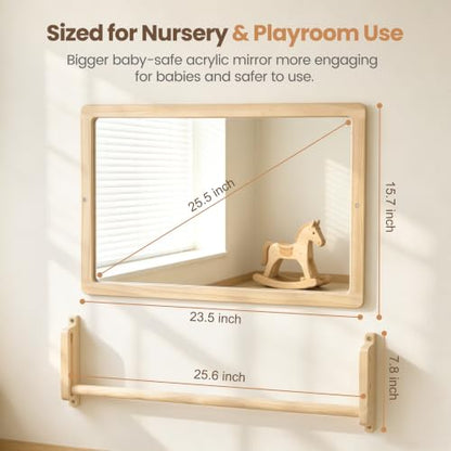 Montessori Mirror with Pull Up Bar, 23.6 x 15.7 in Natural Wood Frame & Shatter-Resistant Acrylic Baby Mirror for Floor and Wall, Tummy Time and Pull-to-Stand Practice - size: 23.6 x 15.7 inches