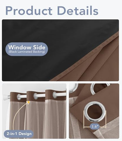 100% Blackout Curtains with Sheer Overlay, Brown, 52 x 63 inch, 2 Panels - color: Brown, size: 52"W x 63"L (Pack of 2)