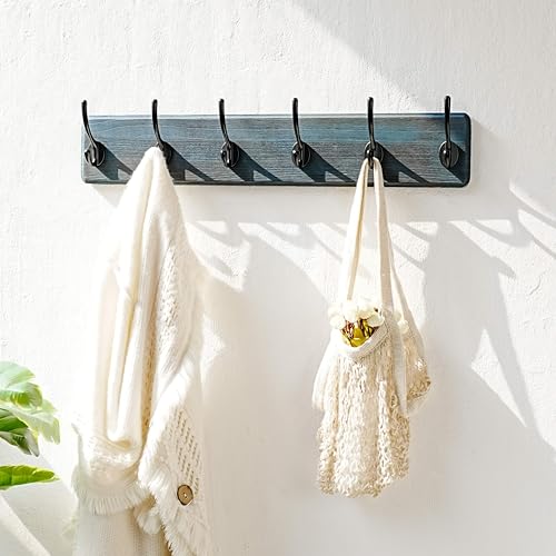 Dseap Coat Rack Wall: 24" Long, Patented, Heavy-Duty, 6-Double-Hooks Wooden Wall Mounted Coat Rack Coat Hanger Hook Rail for Winter Coats Hat Jacket Clothing, Weathered Blue - color: Weathered Blue & Black, size: L=24"(1pcs)