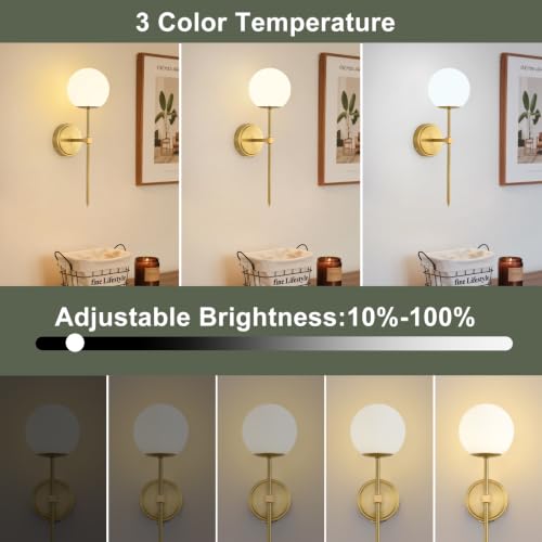 Globe Battery Operated Sconce Set of 2 with Clear Glass Lampshade - color: Gold- Frosted White