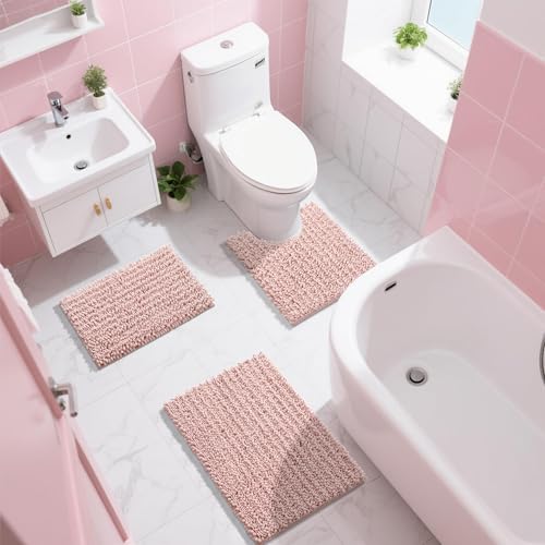 Yimobra Pink Bathroom Rugs Sets 2 Piece, Super Absorbent Bath Mat Set - color: Pink, size: 24''x17''+24''x20''U-Shaped