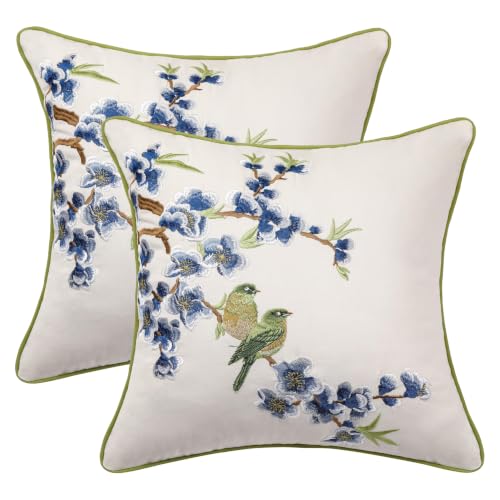 Holibeat Embroidered Flower Birds Throw Pillow Covers Spring Decorative Flower Pillowcases (Whiteblue, 20" x 20" (Pack of 2)) - color: Whiteblue, size: 20" x 20" (Pack of 2)