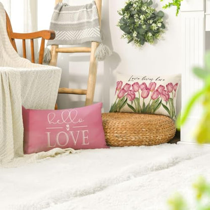 AVOIN colorlife Hello Love Pink Tulips Bicycle Throw Pillow Covers, 12 x 20 Inch Flowers Spring Mother's Day Cushion Case for Sofa Couch Set of 4 - size: 20" x 12" (Pack of 4)