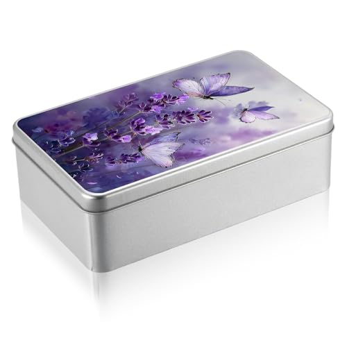 Metal Tin Box with Lid, Rectangular Silver Metal Storage Container, 7.09"×4.33"×2.17" Gift Decorative Empty Box, Lavender Butterflies - color: Lavender Butterflies, size: Large(7.09"×4.33"×2.17")