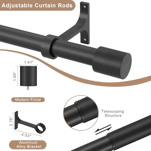 Matte Black Heavy Duty Telescoping Curtain Rods, 12-20 Inch, Side Mount, Cap Finials - color: Matte Black, size: 12-20"