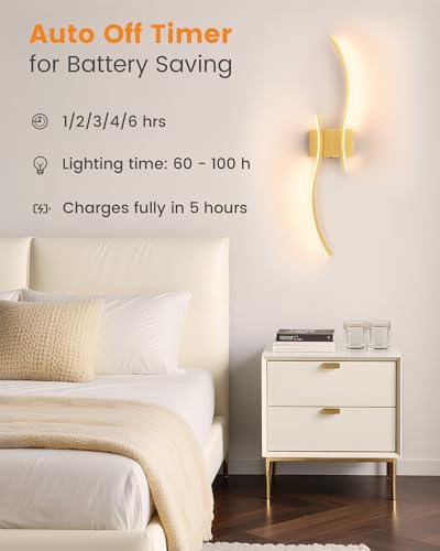 VOLISUN Battery Operated Wall Sconces Set of Two, 27.6 inch Wireless Wall Sconces, 3000K-6500K Dimmable Wall Lamps with Remote, Rechargeable Gold Wall Lights for Living Room, Hallway, Bedroom - color: Gold, size: 27.6 INCH