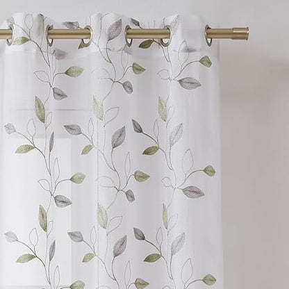 Bujasso Embroidered Leaf Sheer Curtains, Gray Green 38" Wx63 Lx2 - color: Gray Green, size: 38"W x 63"L (Pack of 2)
