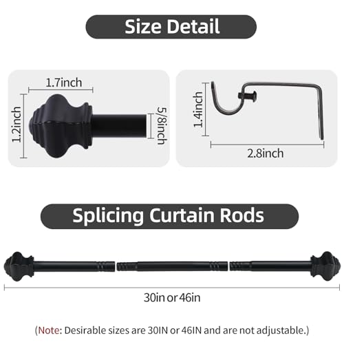 Thestoa Splicing Curtain Rods for Windows 30-46 Inch, 5/8" Black Curtain Rods for Bedroom, Living Room, Outdoor - size: 32"-48"
