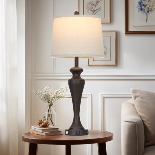 CINSARY 30 Inch Tall Brown Table Lamp Single, Touch Control Living Room Lamp with USB A+C Ports and AC Outlet, 3-Way Dimmable Bedside Lamps for Nightstand, Modern Metal Bedroom Lamps for End Table - color: Brown (1 Pack)