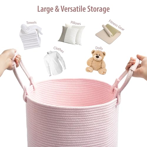 Laundry Hamper Basket, Woven Cotton Rope Blanket Basket, Nursery Storage - color: Light Pink, size: 16"D x 22"H