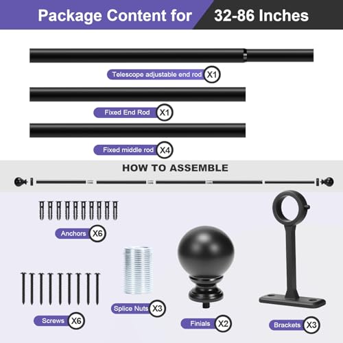 Heavy Duty 1 Inch metal curtain rod Adjustable Steel Curtain Rod for Windows & Room Dividers - Indoor/Outdoor Use, Matte Black (30-86 Inch) - size: 30" - 86"