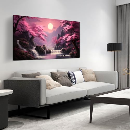 Landscape Wall Art for Living Room Bedroom Office Pink Wall Art Moon Lake Mountain Pictures Modern Artwork Framed Wall Decor Canvas Prints 24x48 In - color: Pink, size: 48"L x 24"W