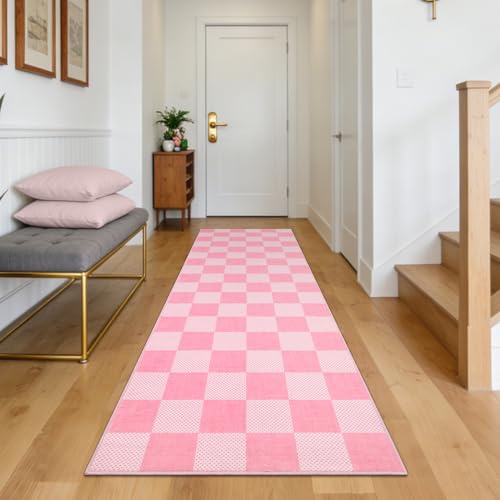 GarveeHome Checkered Pink 2x6 Washable Kitchen Runner Rug Low-Pile Entryway - color: Blush Pink, size: 2' x 6' (Rectangular)