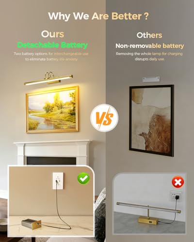 23.6″ Wireless Rechargeable Picture Light with Remote, Large Battery Operated Wall Light for Paintings & Art, Dimmable LED Gallery Lamp with Timer, Adjustable Metal Design, Electroplated Gold Finish - color: Battery Operated-Brass, size: 23.6 Inch