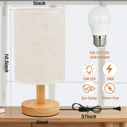 Desk Lamp LED Bulb Included, Small Bedside Table Lamp Plug-in - Classic Wood Base with Flaxen Fabric Shade, Lamps for Night Stands, Simple Nightstand Light for Bedroom, Office, Desk - color: Flax White