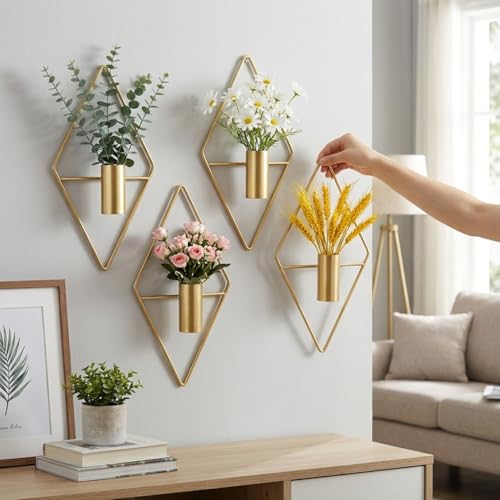4Pcs Hanging Vase Wall Décor Metal Eucalyptus Wall Art Modern Diamond Shape Geometric Room Ornament for Living Room Balcony