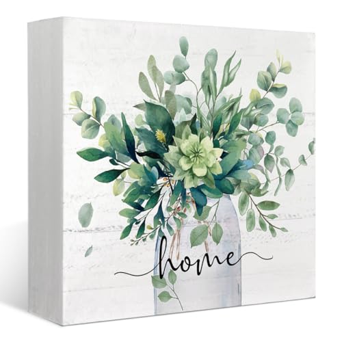 Sage Green Eucalyptus Leaves Wooden Box Sign Decor, Home Sign Shelf Decoration, Rustic Spring Botanical Wooden Block Decor for Home Farmhouse Shelf Tiered Tray Decoration 5x5 - color: 1-Sage Green Eucalyptus Decor(burlywood)