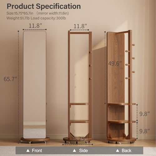 WoodsWhisper Full Length Mirror Coat Rack Solid Wood Floor Mirror 66"x12" Full Length Mirror with Stand Long Mirrors for Bedroom,Living Room (Walnut-Mobile, 66" Lx12 W) - color: Walnut-mobile, size: 66"Lx12"W