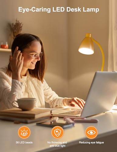 BOHON LED Desk Lamp with USB Charging Port 3 Color Modes Fully Dim, Yellow - color: Bright Yellow