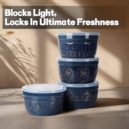 Artena Meal Prep Containers 22 OZ, 4 Pack Snack Containers, Reusable Food Storage Containers With Lids For Soup Yogurt Oatmeal Lunch Breakfast, Ceramic Cereal Bowls (Blue, Pinwheel Flower) - size: 5.15 inch (Pinwheel Flower, Blue)