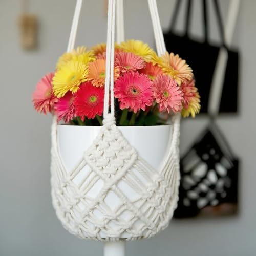 2 Pack Macrame Hanging Planters, White - color: White