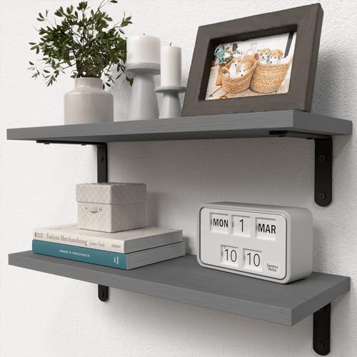 RICHER HOUSE Rustic Wood Floating Shelves, 2-Set Wall Mounted Shelves, 16In - color: Grey