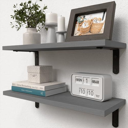 RICHER HOUSE Rustic Wood Floating Shelves, 2-Set Wall Mounted Shelves, 16In - color: Grey