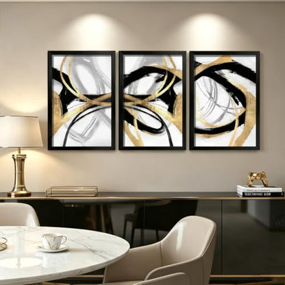 LYYGLYY 3Pcs Black Framed Abstract Black Gold Canvas Wall Art 16x24 Inch - color: Black Frame Dancing Lines, size: 16x24 Inches