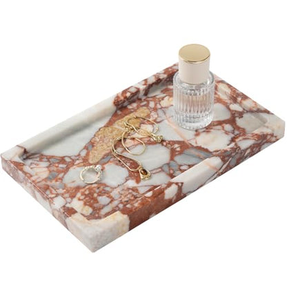 Deep Red Marble Rectangular Tray 10x6 Inch - Bathroom & Vanity Organizer, Jewelry Tray, Kitchen Counter Decor - Natural Stone Catchall - style: Calacatta Red - 1 Pack