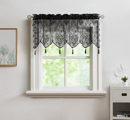 LinenZone 54x22 Black Sheer Lace Valance with 6 Tassels. (Luna 54x22,Black) - color: Black, size: 54"W x 22"L (Pack of 1)