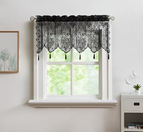 LinenZone 54x22 Black Sheer Lace Valance with 6 Tassels. (Luna 54x22,Black) - color: Black, size: 54"W x 22"L (Pack of 1)
