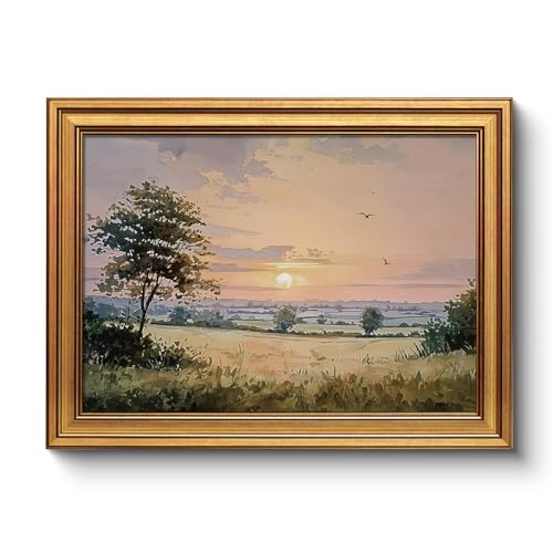 Vintage Gold Frame Warm Sunset Nature Painting 12x16inch Landscape Wall Art - color: Field Sunset, size: 16"L x 12"W
