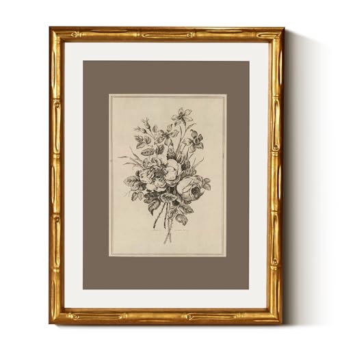 WHASAYART Vintage Floral Line Drawing Gold Bamboo Framed Wall Art 11"x14" | Botanical Floal Illustration Canvas Print Acrylic Cover Artwork, Classic Minimalist Sketch Canvas Painting Farmhouse Bedroom - color: Sketch