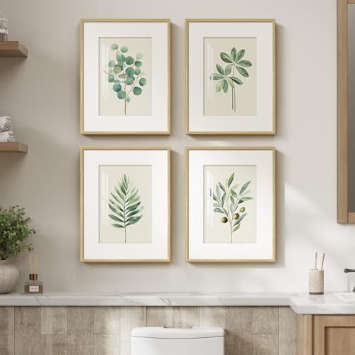 Framed Sage Green Botanical Plant Wall Art for Bathroom, 4 Piece 11x14 Inch - color: Green and White, size: 11" W x 14" H x 4 pcs