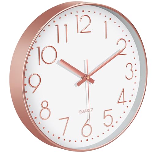 Modern Silent Wall Clock, 14 Inch Wall Clocks Battery Operated | Large Number, Non-Ticking Analog Clock with Tempered Glass Quartz Clocks for Living Room Bedroom Office Kitchen, Rose Gold - color: Rose Gold, size: 14 Inch