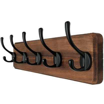 Dseap Wall Mounted Coat Rack: Patented, Heavy-Duty, 17.4" Long 5-Double-Hooks Wooden Hanger Rail for Winter Coats, Hat, Jacket, Clothing - Natural & Black - color: Natural & Black, size: L=17.4" (1pcs)